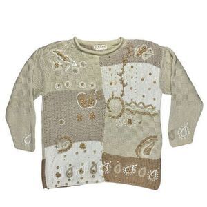 Raam Beaded Knit Sweater Womens Sz M Beige Long Sleeve Crew Neck Holiday Vintage